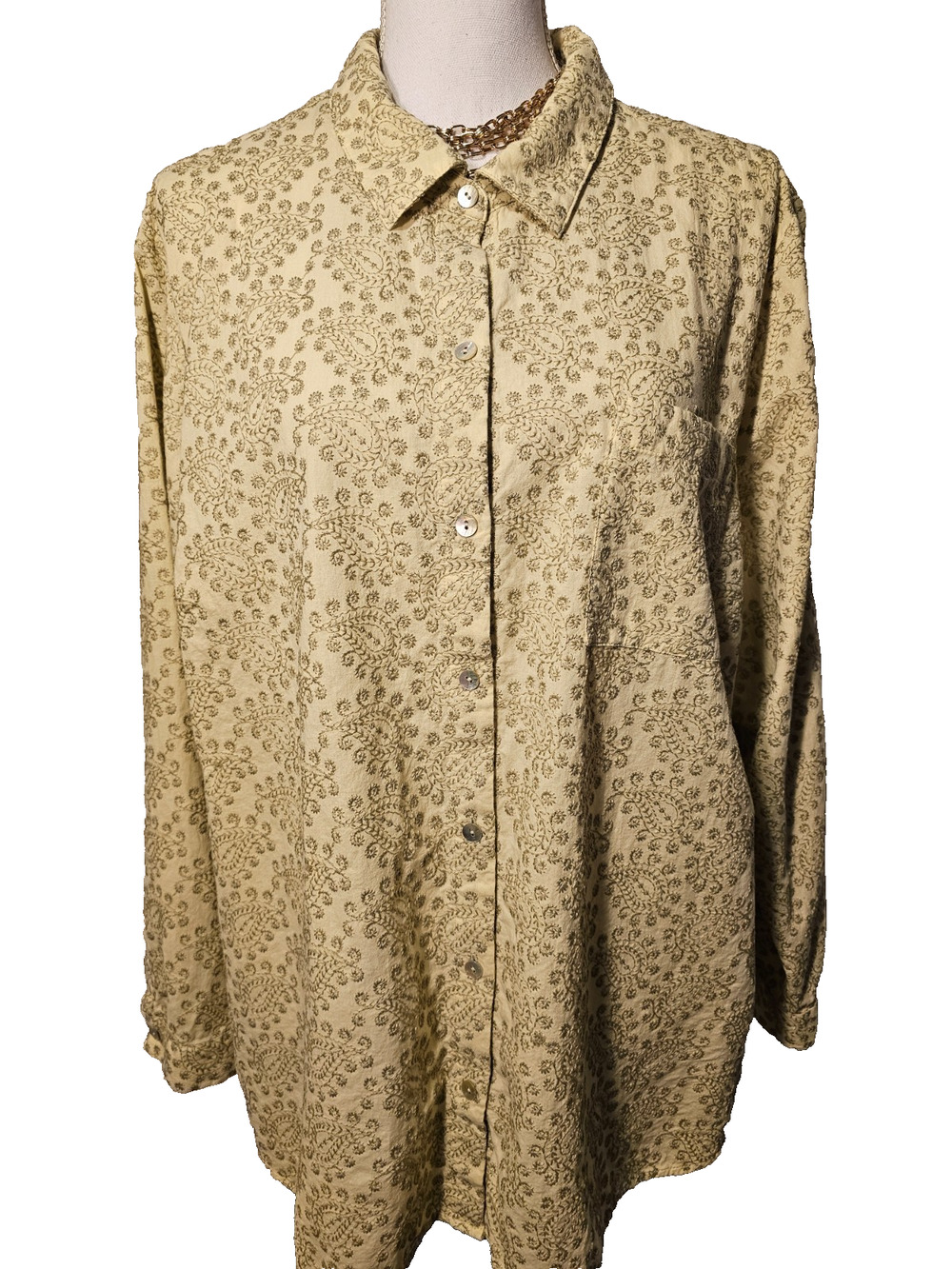 J. Jill Womens Pale Lime Paisley Embroidered Button Up Long Sleeve Shirt 2X